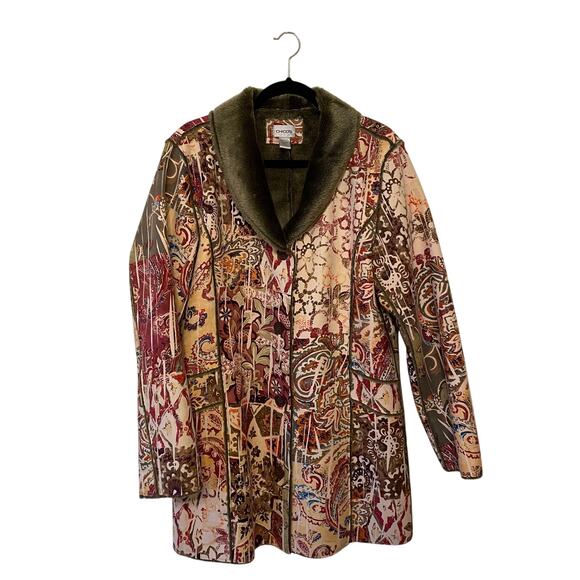 Chico's 2 long sleeve faux fur coat jacket AOP bohemian paisley floral cream - Picture 1 of 7